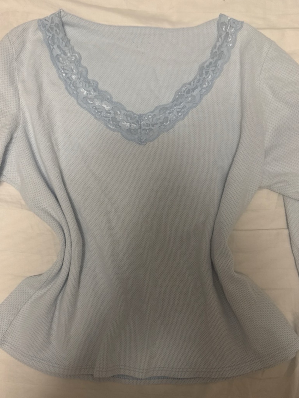 Light Blue Lace Trim V-Neck Knit Top